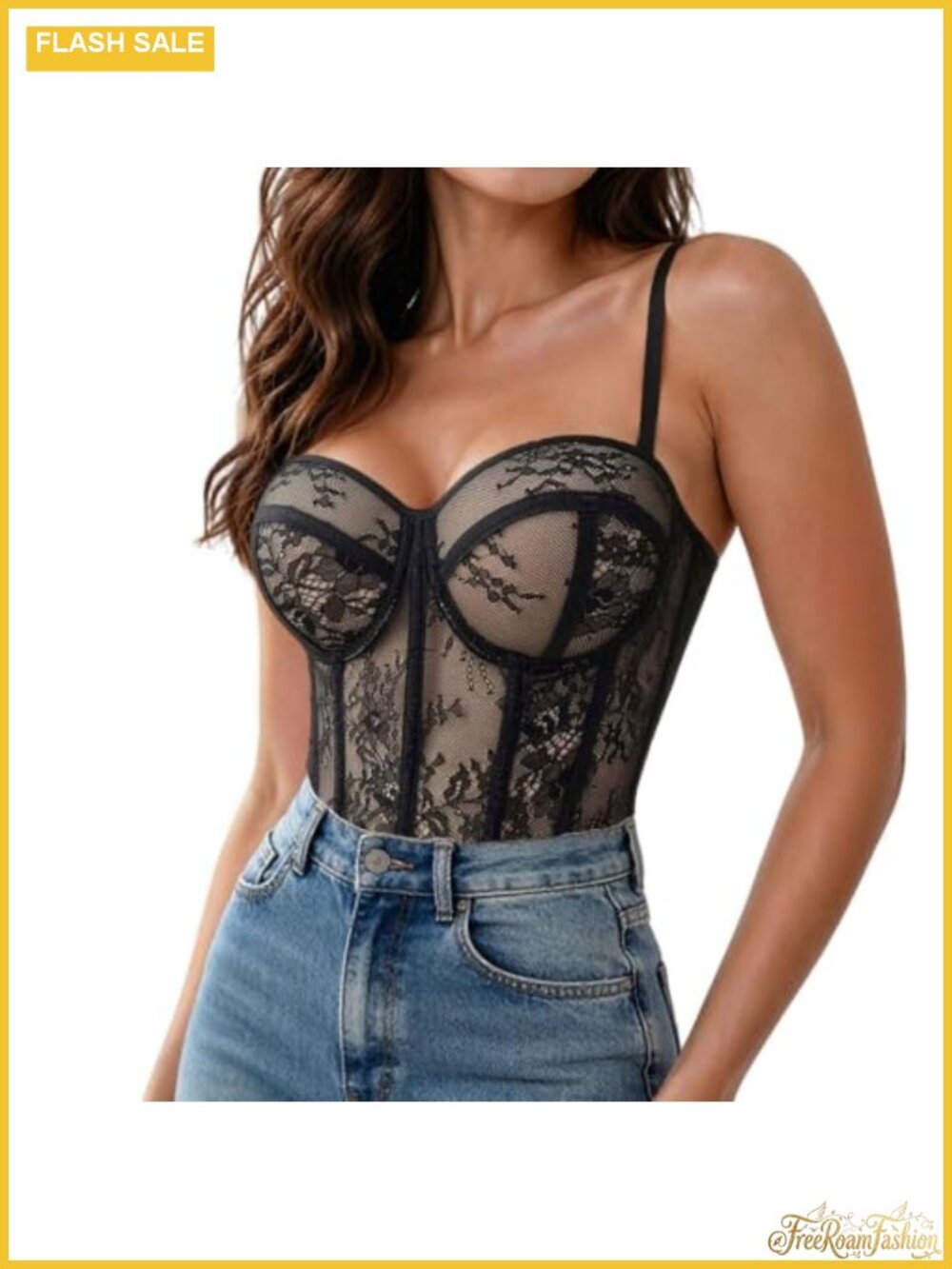 Sheer Floral Lace Bustier Corset Top with 9 Boned Support